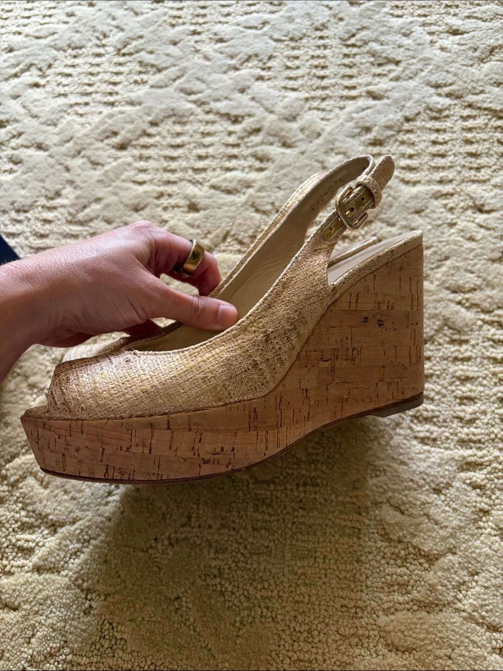 Stuart Weitzman Gold Cork Wedge Slingback Peep-Toe Sandals